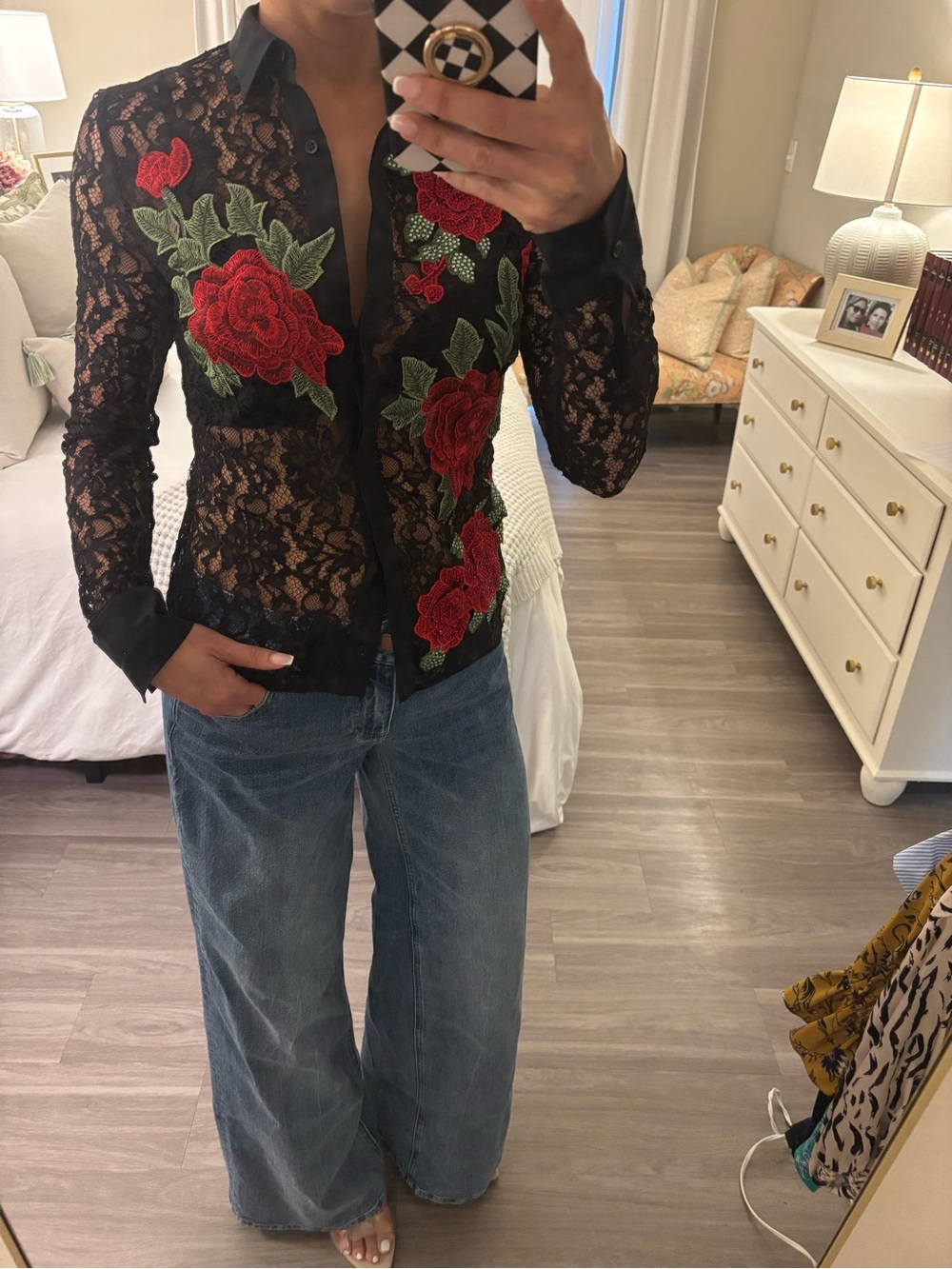 🖤🌹 Philipp Plein Couture Black Lace Rose Embroidered Blouse